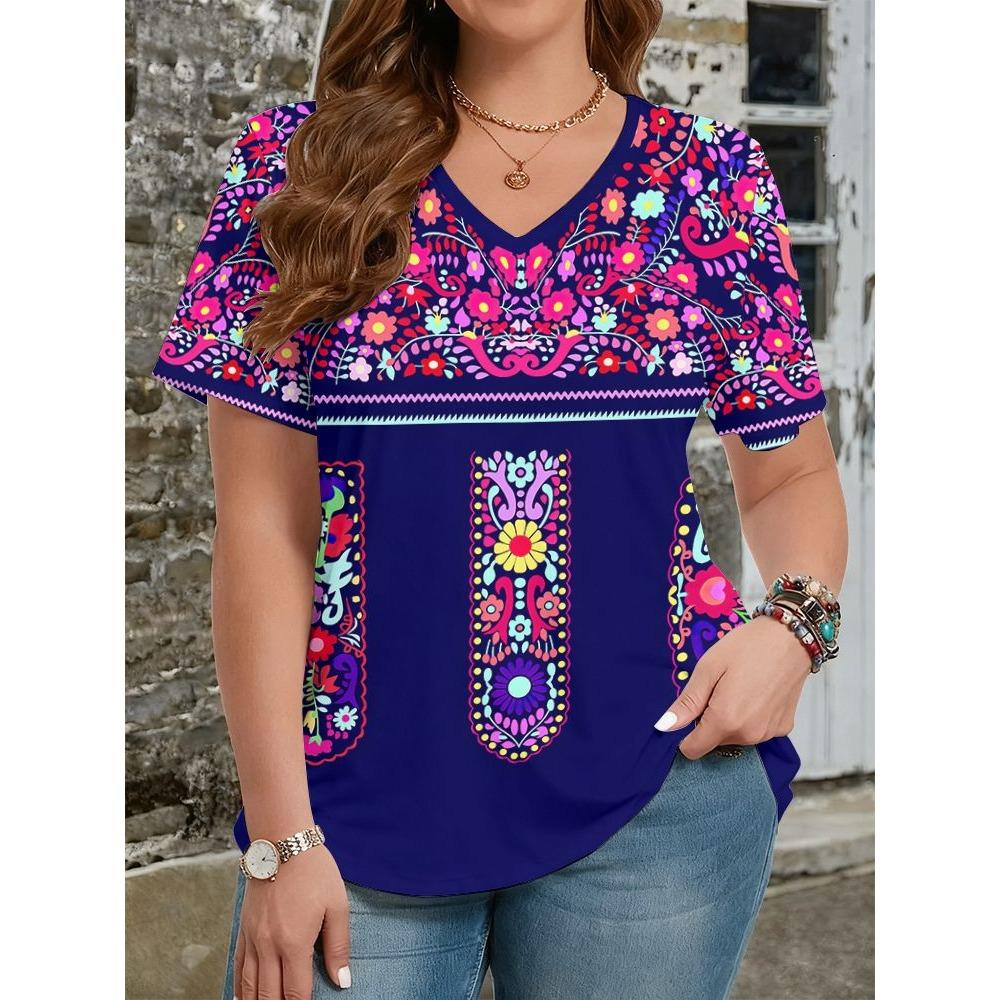 Ethnic Style T-Shirts Vintage Floral 3D Print Women's V-Neck Short Sleeve T Shirt Y2k Harajuku Tees Casual Tops Female Clothing