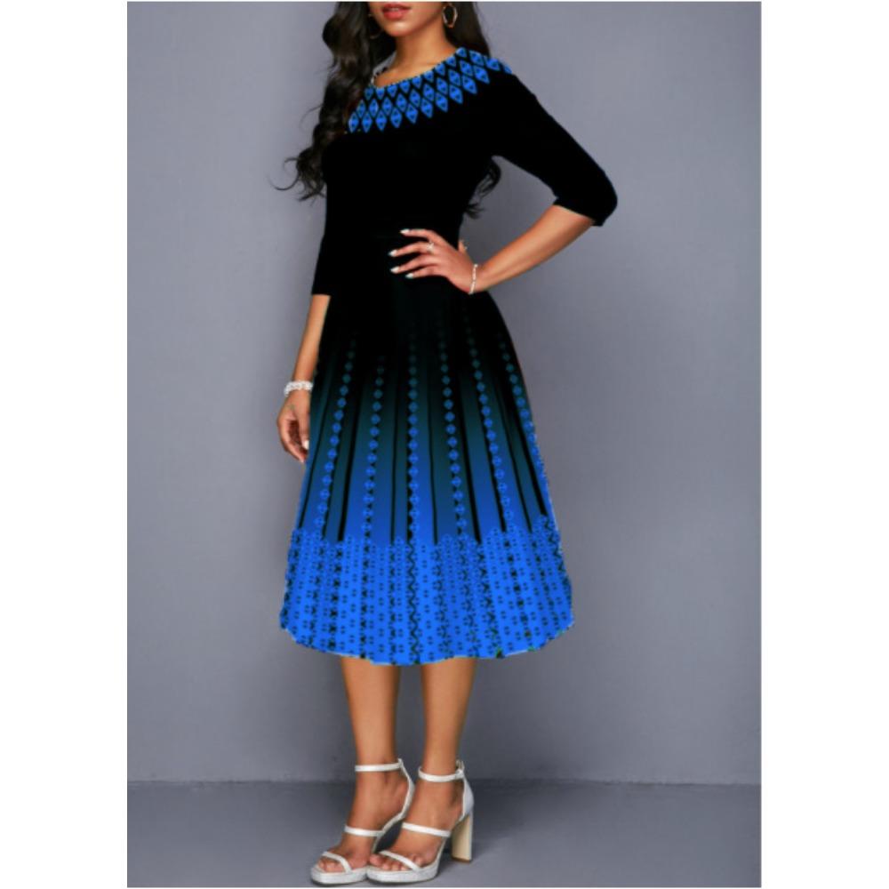 Women's Gradient Fashion Printed Temperament Mid Sleeve Waist Cinched Dress