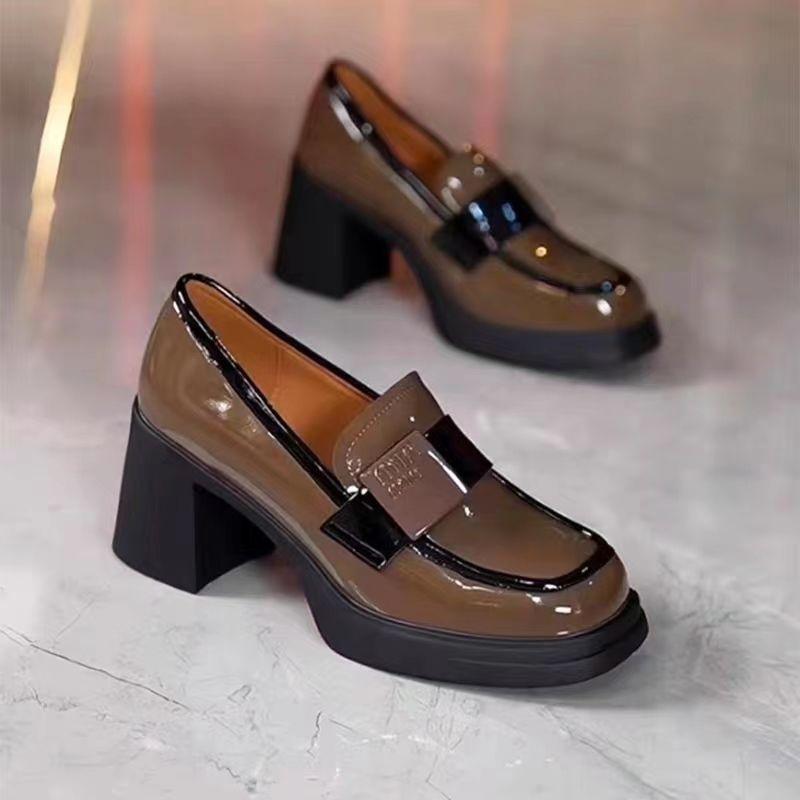 Small versatile square head platform comfortable high-heeled loafers women's autumn 2025 new small leather shoes thick-heeled single shoes
