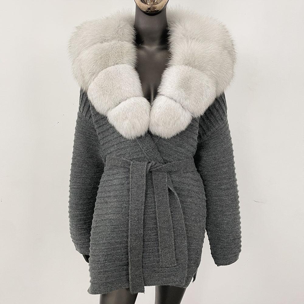 OFTBUY Herbst Damen Weich Lang Echter Fuchs Pelz Warm Gestrickter Mantel Gürtel Umlegekragen Oberbekleidung Lässige Pullover Jacke Locker Dame Elegant Lang