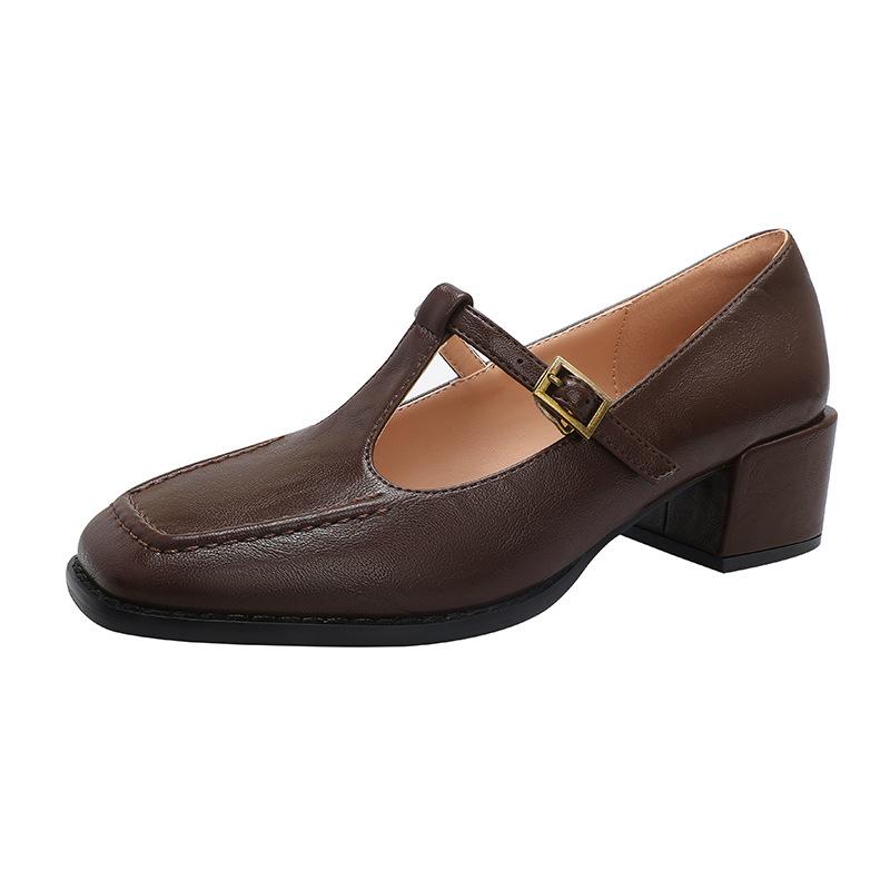 Retro Firkantet Tykk Hæl Mary Jane Sko Elegante Damesko En-stropp Pendlersko Mykt Skinn T-formet Lavskårede Enkelsko