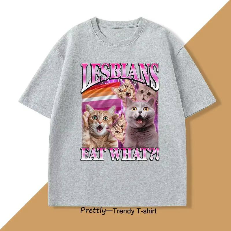 Lustige Lesben essen was T-Shirt Katze Pride T-Shirt LGBTQ T-Shirt Meme Vintage Katzenliebhaber T-Shirt Rundhals Damen Kurzarm T-Shirts