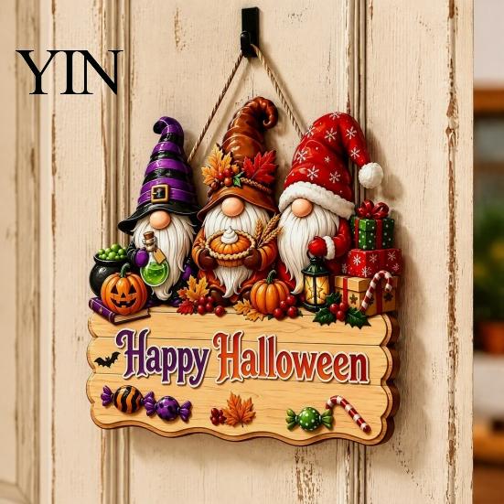Decorative Wood Board Halloween Wooden Hanging Sign, Happy Door Sign with Gnomes/Ghosts, Retro Ornament for Shop Autumn Harvest Festival Wall