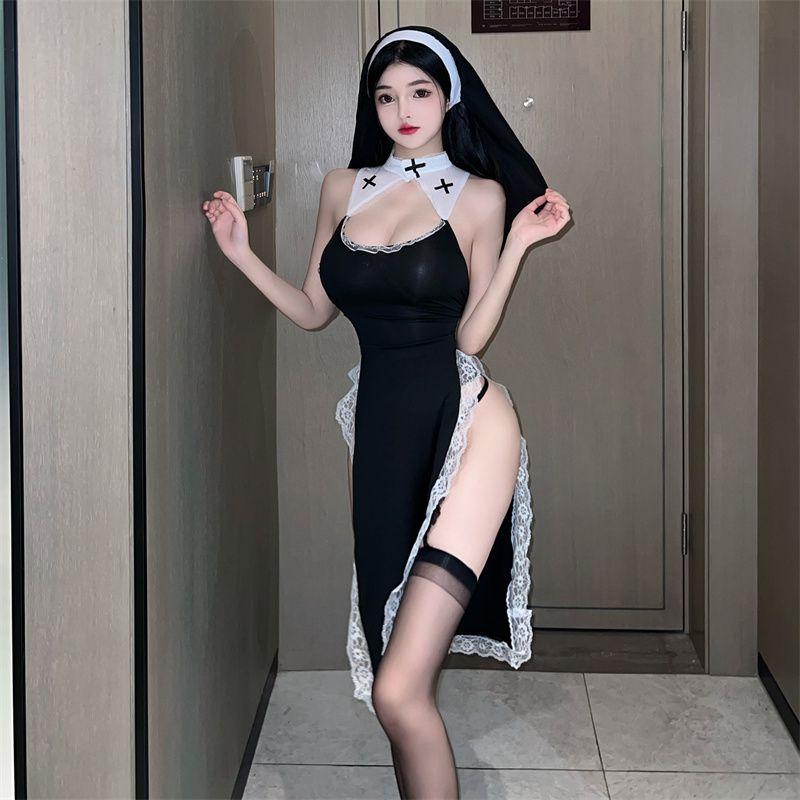 Punishment Fix Women's Pure Desire Virgin Mary Sexy Crossdress Cos Uniform High Split One-piece Lace Dresses