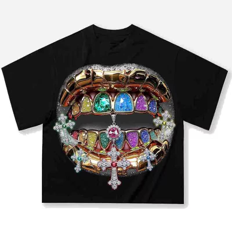 Labbra Chic Denti Dorati Vintage T-shirt Rock Goth Casual Estiva Manica Corta High Street Oversize T-shirt Harajuku Stampa Grafica