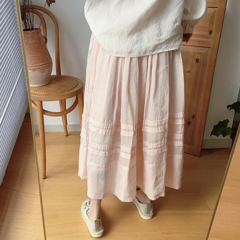 Johnature Vintage Ramie Patchwork Women Skirts Spring Mori Elastic Waist Solid Color Female Skirts