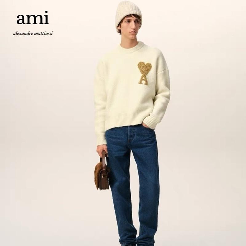 AMI New Autumn and Winter Silver Love Alpaca Wool Blend Soft and Sticky Knit Couple's Round Neck Sweater