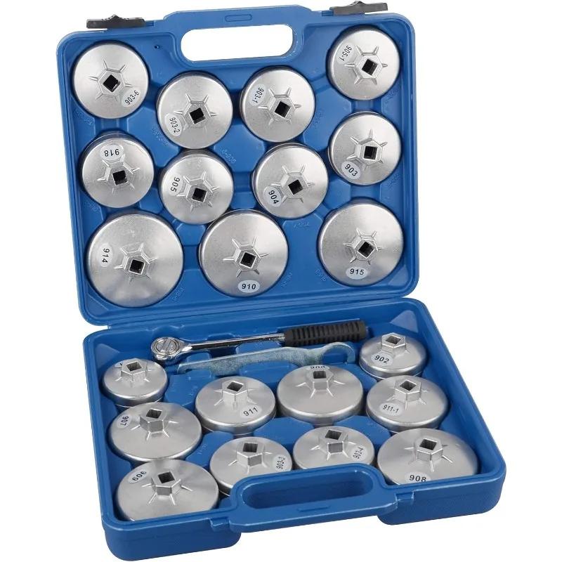 23pcs Aluminum Alloy Cup Type Oil Filter Wrench Aluminum Alloy Cap Socket Wrench Socket Removal Tool Set with A Storage Case