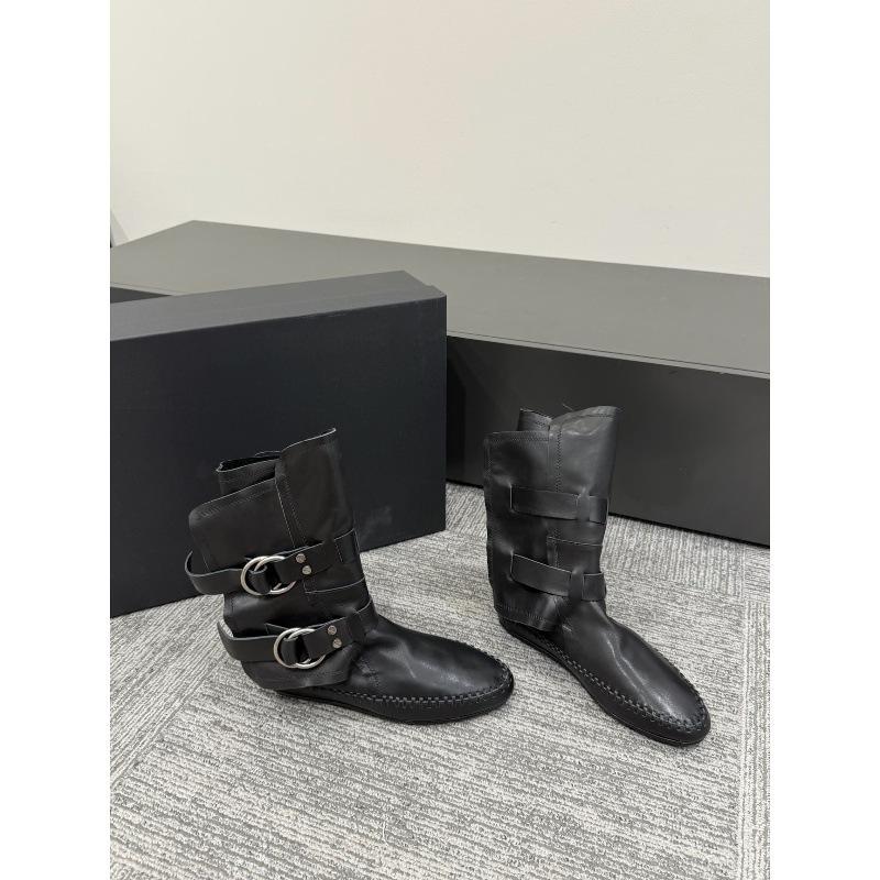 Cowhide version~ niche hand-stitched leather medium tube western cowboy boots women's flat bottom belt buckle knight boots women's boots