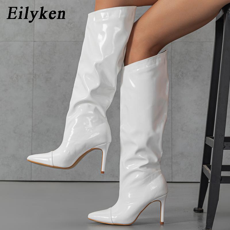 Eilyken Patent Leather Women Knee High Boots Thin Heels Stilettos Nightclub Runway Pointed Toe Shoes Botas Mujer