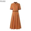 ZANZEA Women Casual Turn Down Collar Solid Color Short Sleeve Elegant Dress