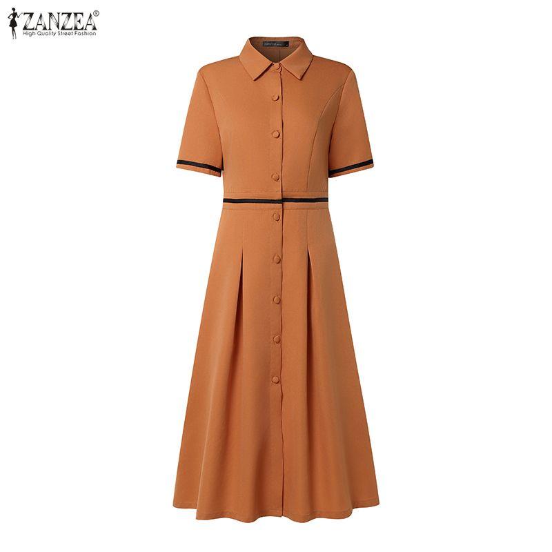 ZANZEA Women Casual Turn Down Collar Solid Color Short Sleeve Elegant Dress