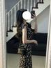 Black Floral Print Puff Sleeve Midi Dress for Women - Summer 2026, Waist-Cinched Slimming Style with Printed Roses