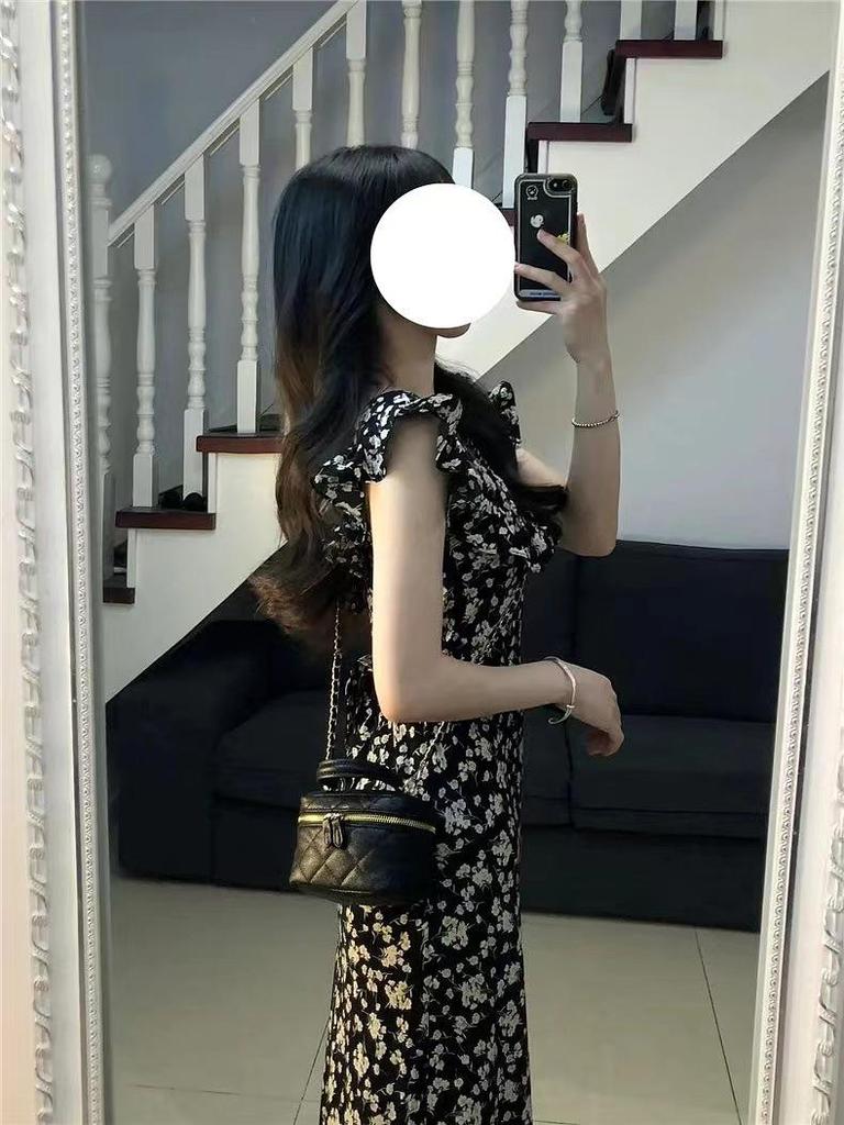 Black Floral Print Puff Sleeve Midi Dress for Women - Summer 2026, Waist-Cinched Slimming Style with Printed Roses