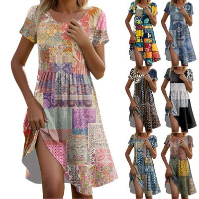 Damen Casual Mode Rundhals Kurzarm Retro Bedrucktes Midi-Kleid