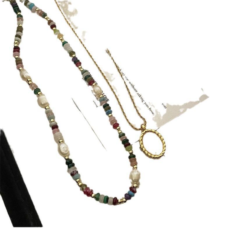 Elegant French Dopamine Colorful Beaded Pearl Necklace with Simple Shell Pendant
