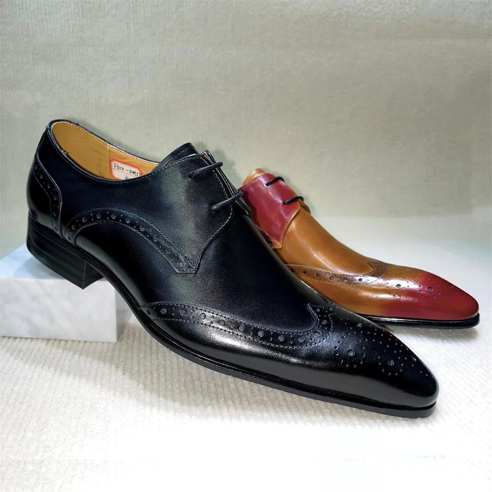 Brown Genuine Leather Brogue Shoes Handmade Casual Oxfords Breathable Lace-Up Dress Shoes Spring Autumn Size 39-46