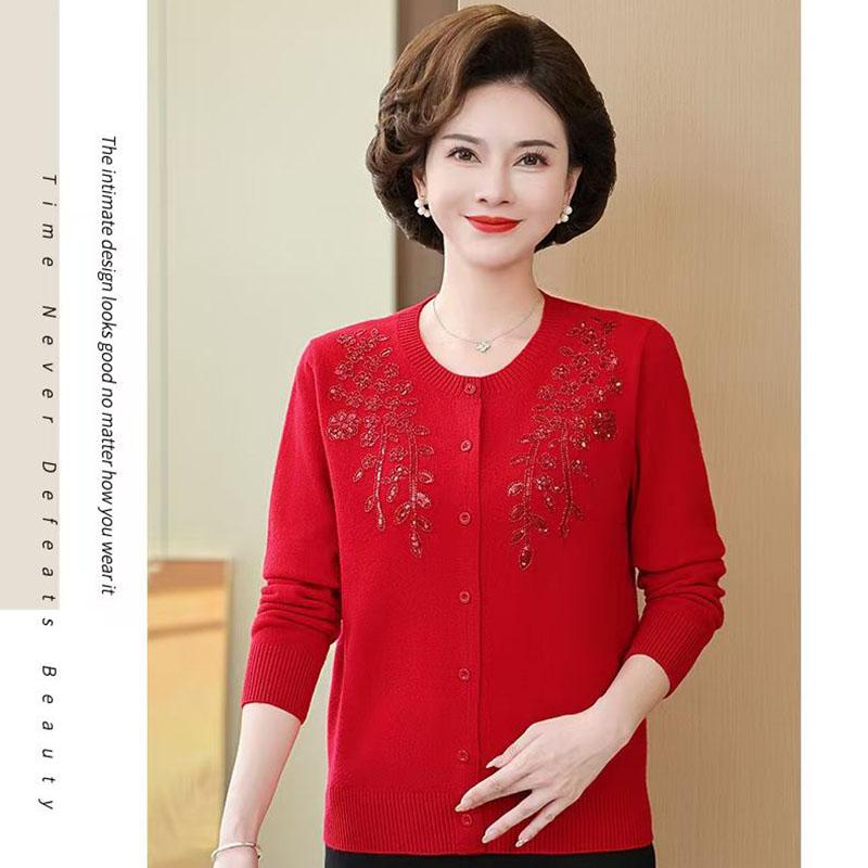 Autumn Women's Wool Cardigan Embroidered Rhinestone Round Neck Knitted Cardigan Sweater