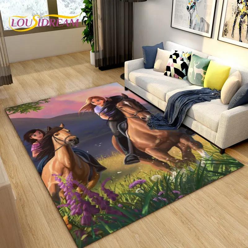 Cartoon Spirit Riding Free Horses Area Rug,Carpet Rug for Living Room Bedroom Sofa Doormat Decoration, Kids Non-slip Floor Mat