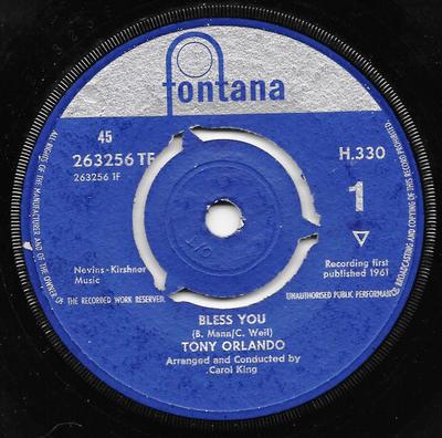 7inch Record TONY ORLANDO - Bless You / Am I The Guy 263256TF Fontana 1961 UK Rock Used