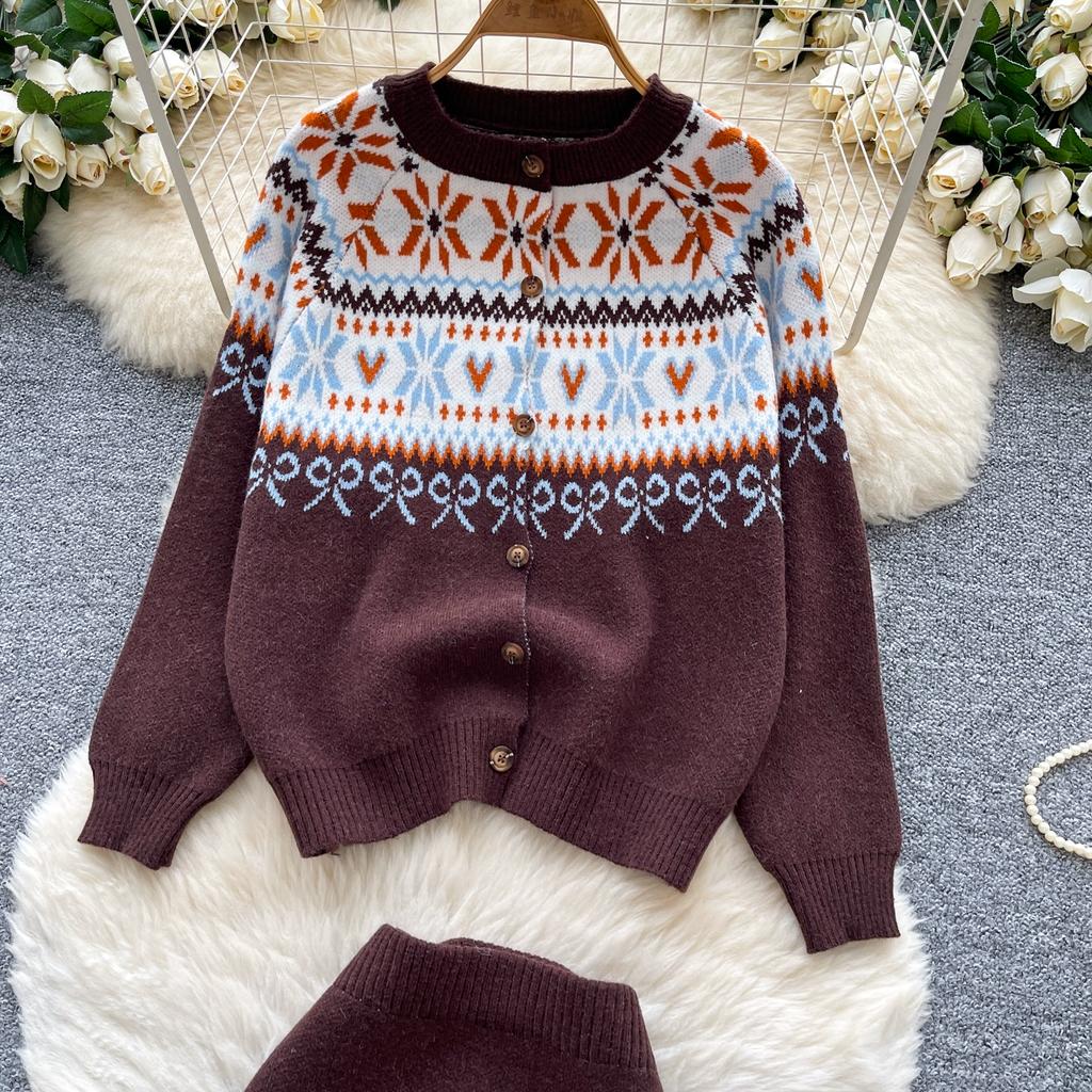 Autumn Winter Women Vintage Jacquard Knitted Sweater Two Piece Set Single Breasted Cardigans Tops and Mini Short Sheath Skirt Suit