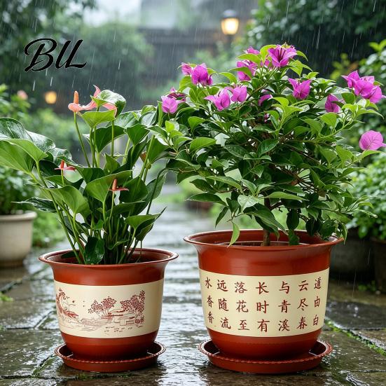 Deep Nursery Pot for Healthy Root Growth Plastic Flower Large Plants with Drainage Holes & Saucer Tray, Weather Resistant Planter Fruit Trees