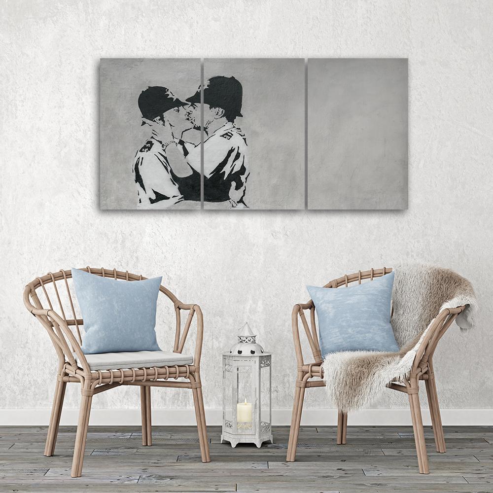 Three Piece Picture Canvas Print Banksy Kissing Policemen
