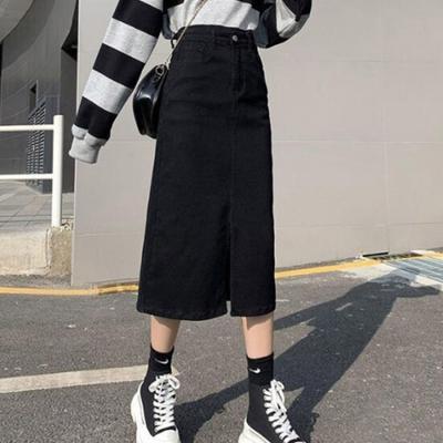 New ArrivAls Open Run Slim Fit A Line blAck Denim Skirt Front Slit
