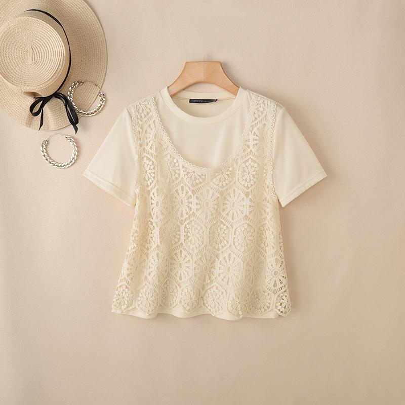 ZANZEA Women Casual Round Neck Short Sleeve Loose Lace Patchwork Blouse M абрикосовый