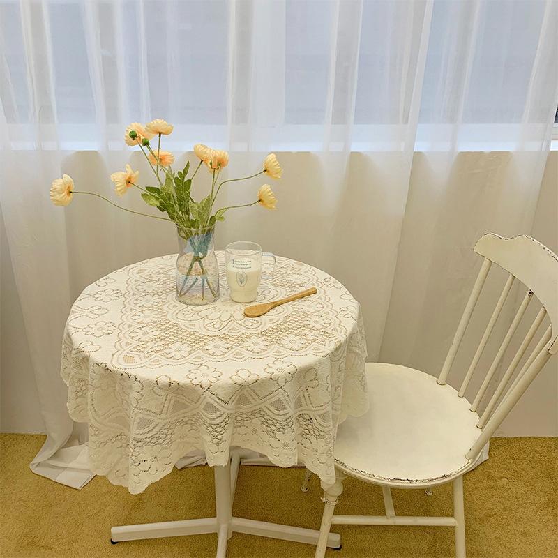 1pc Simple Lace Tablecloth Home Decoration White Chiffon Knitting Cafe Restaurant Background Cloth Decorative Cloth Non-slip French Style Tablecloth