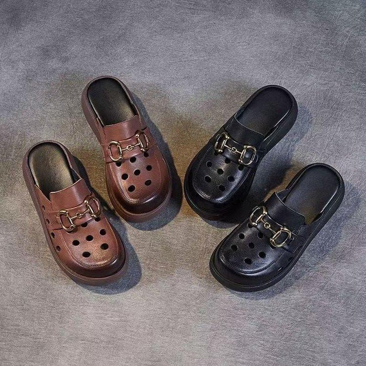 Baotou Half Slippers Women's Summer Fashion Outer Wear 2025 New Hollow Hole Shoes Soft Leather Muffin Thick Sole Heightening Sandals