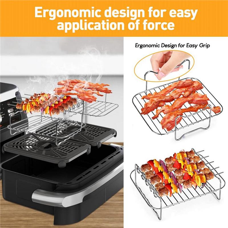 ABWR-2PCS Air Fryer Rack, Air Fryer Double Layer Rack, Multi-Purpose Air Fryer Parts Grilling Rack With 5 Skewers