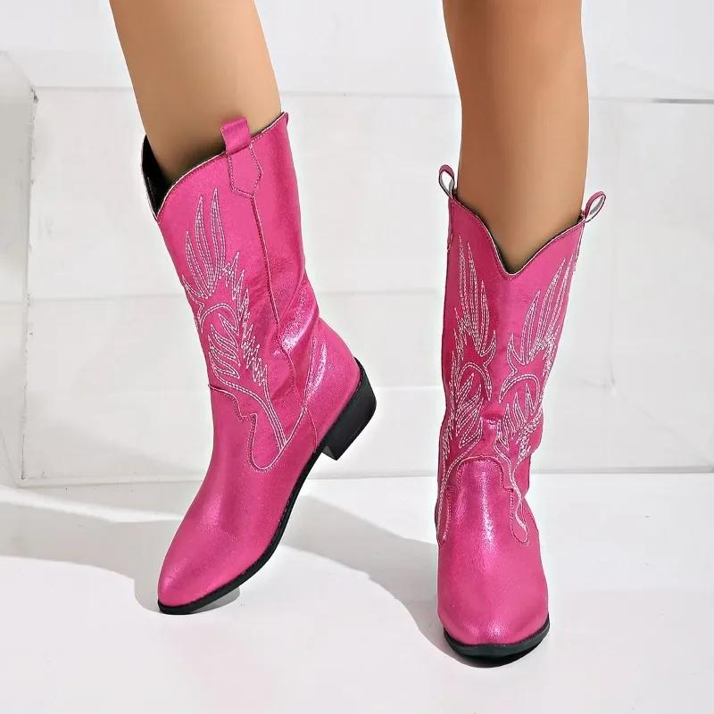 Winter Shoes Female Slip-on Women's Mid-Calf Boots Square Low Heel Casual Embroider Ladies Pink Satin Embroidery Carve Designs