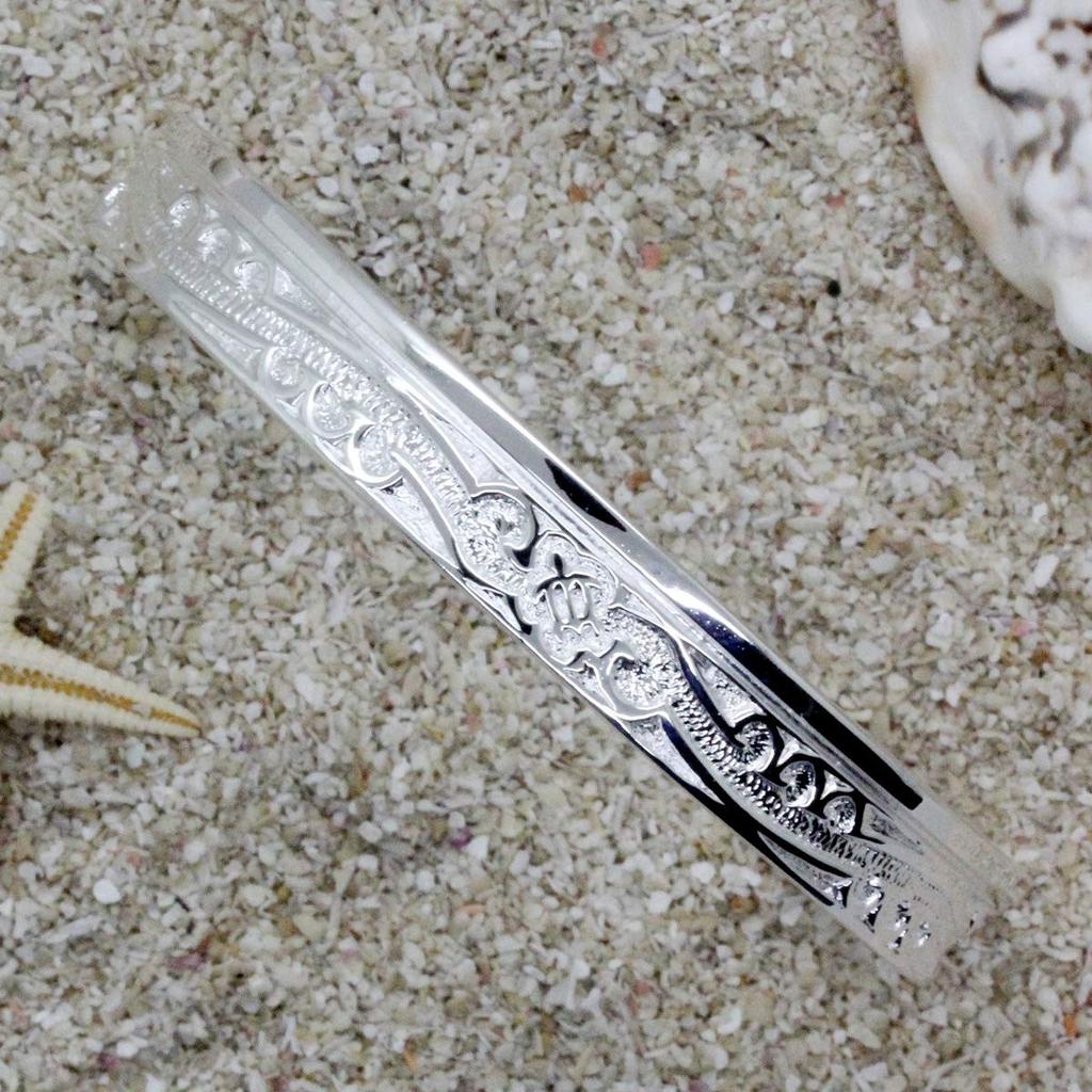 Hawaiian Jewelry Silver Honu Turtle [Ishiki] Bangle, 925, Bracelet, Scroll, Wave, [790svb]