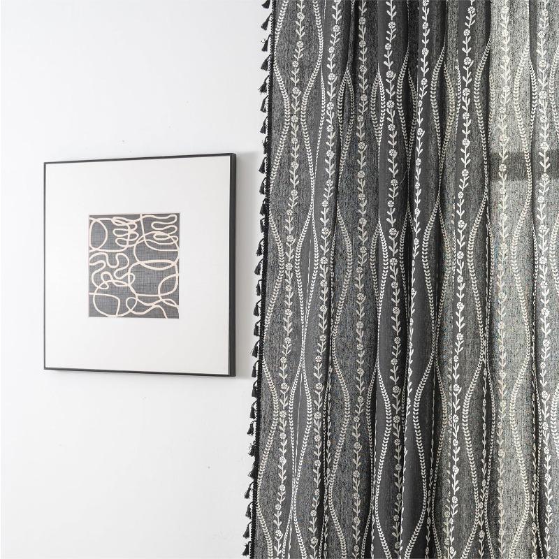 Pruhované Květinové Boho Závěsy do Ložnice Obývacího Pokoje, Bohémské Vintage Střapce Okenní Dekorace Závěs pro Domácí Dekorace Kapsa na Tyč, 1ks