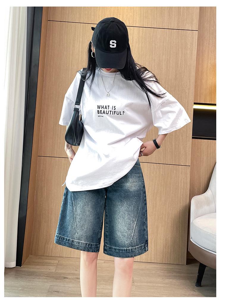 Patchwork 5-Point Denim Shorts, Women's High-Waisted Retro Loose Fit, Summer Thin Wide-Leg Mid-Length.