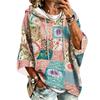 Women's Three-Quarter Sleeve Hooded Pullover Top with Patchwork Print for Casual Wear
