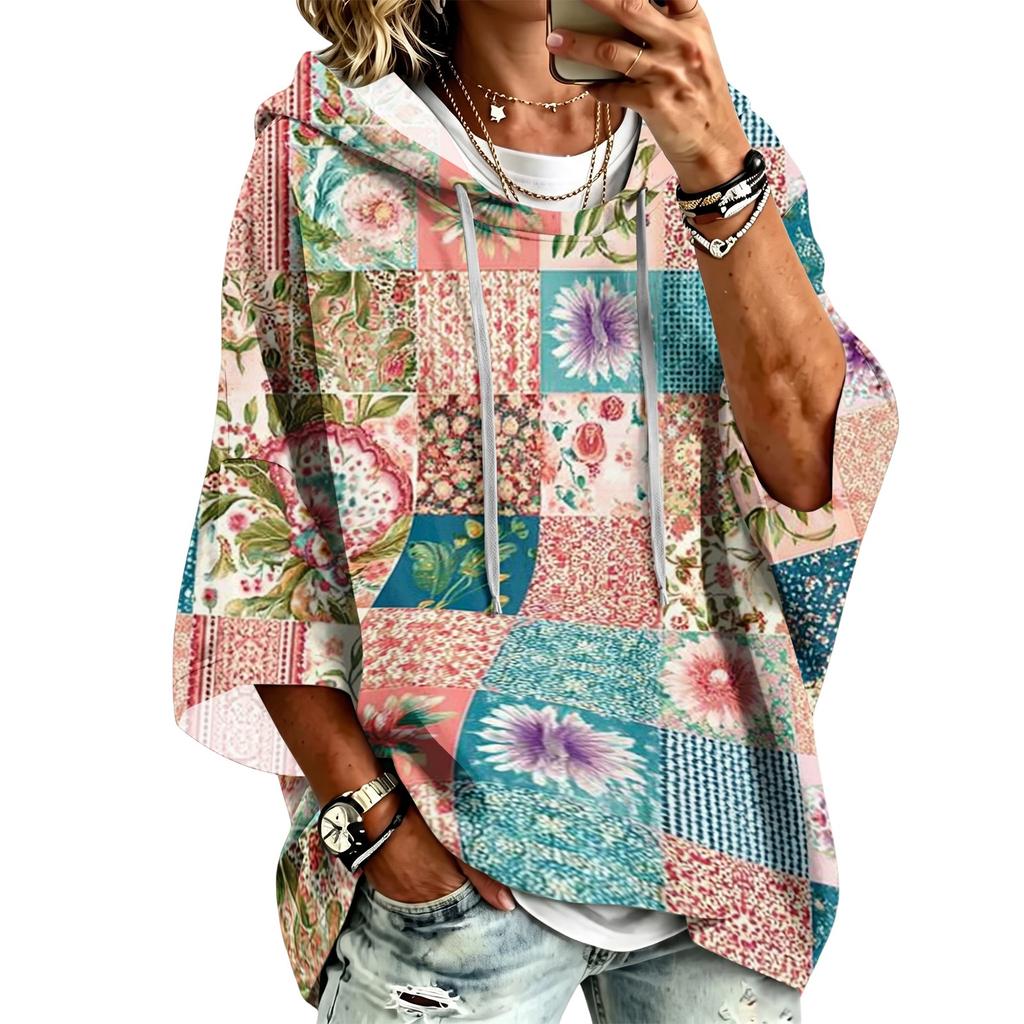 Women's Three-Quarter Sleeve Hooded Pullover Top with Patchwork Print for Casual Wear