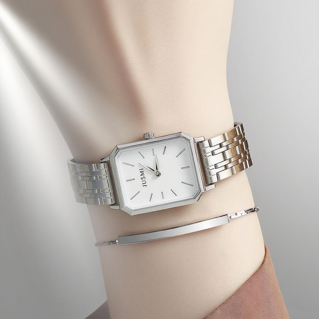 Fashionable Simple Small Square Steel Women's Quartz Watch Jewelry Set 2 Sets, Suitable for Christmas and Halloween Gifts