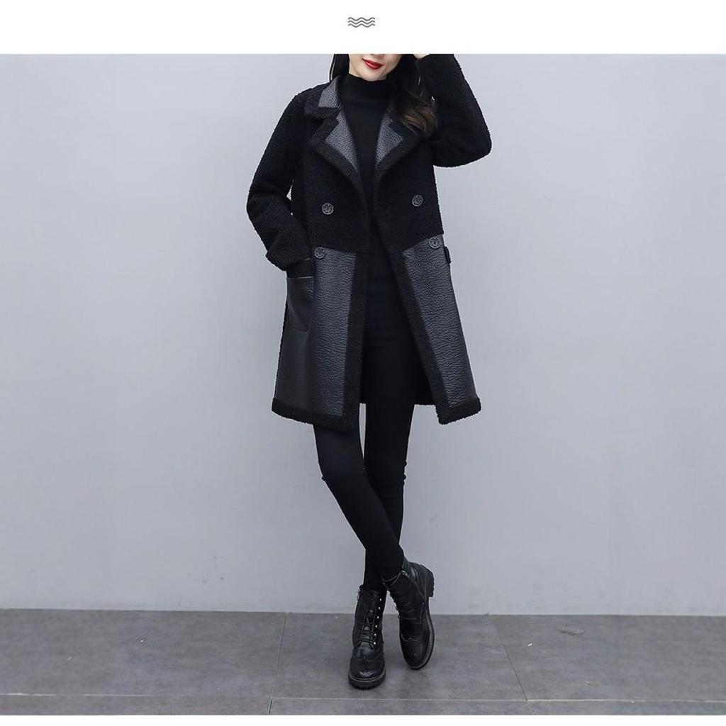 Vintage-Style Women's Mid-Length Leather & Fur Coat - Double-Sided, Fleece-Lined, Spliced Design
