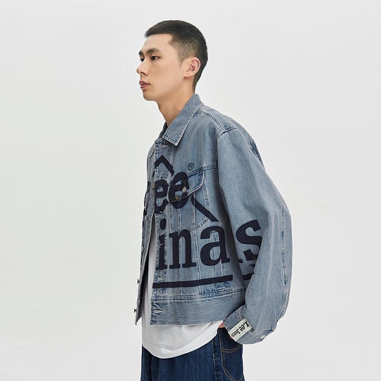 Comfortable Letter Print Single-Breasted Button-Down Loose Long Sleeve Denim Jacket Men jackets Light-Blue LMT007009101291A05309