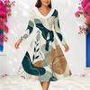 Women Plus Size V Neck Faux Fur Trim Long Sleeve Printed Tie Waist A Line Midi Dress