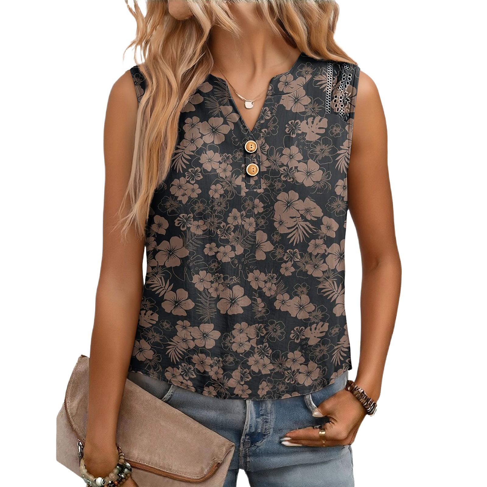 

Sleeveless Henley Neck Blouse with Button Abstract Print Lightweight Pullover Top for Women Casual Wear XXL чёрный