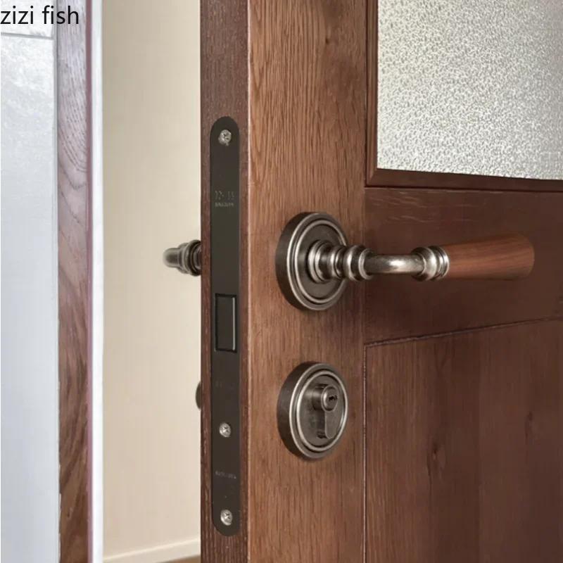 Zinc Alloy Door Lock Walnut Wood Handle Room Magnetic Lock Indoor Silent Lock Secure Split Locks Door Hardware Accessories