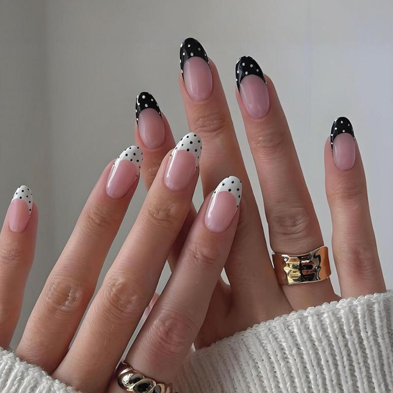 24 Pcs White French Tip Polka Dot Pink Almond False Nails Simple Sweet Acrylic Wearable Manicure Press On Nails For Women