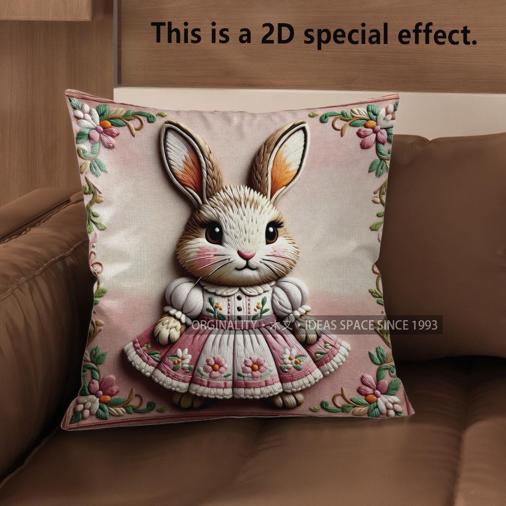 2D Cute Bunny-Patterned Decorative Pillow Covers Pattern Cushion Cover Suitable For Sofa Bedroom Car Pillow Cover