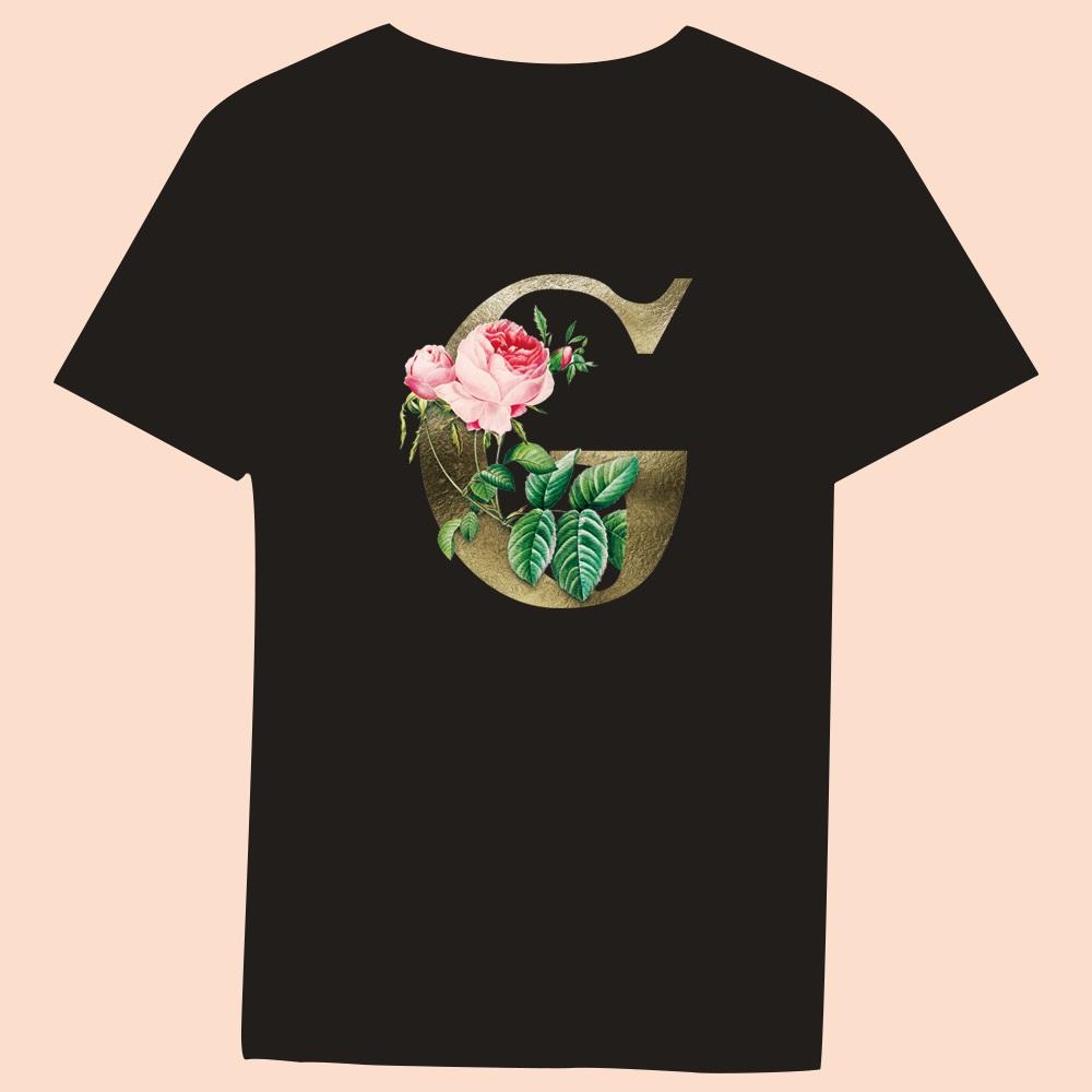 Gold Flower Letter 3D Printing Series Women's Black T-shirt Casual Large Top