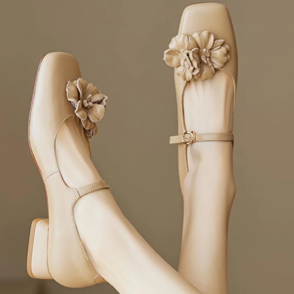 Fashion Ladies Spring Floral Mary Jones Shoes Elegant Low Heel Ladies Party Sweet Silver Beige Heels