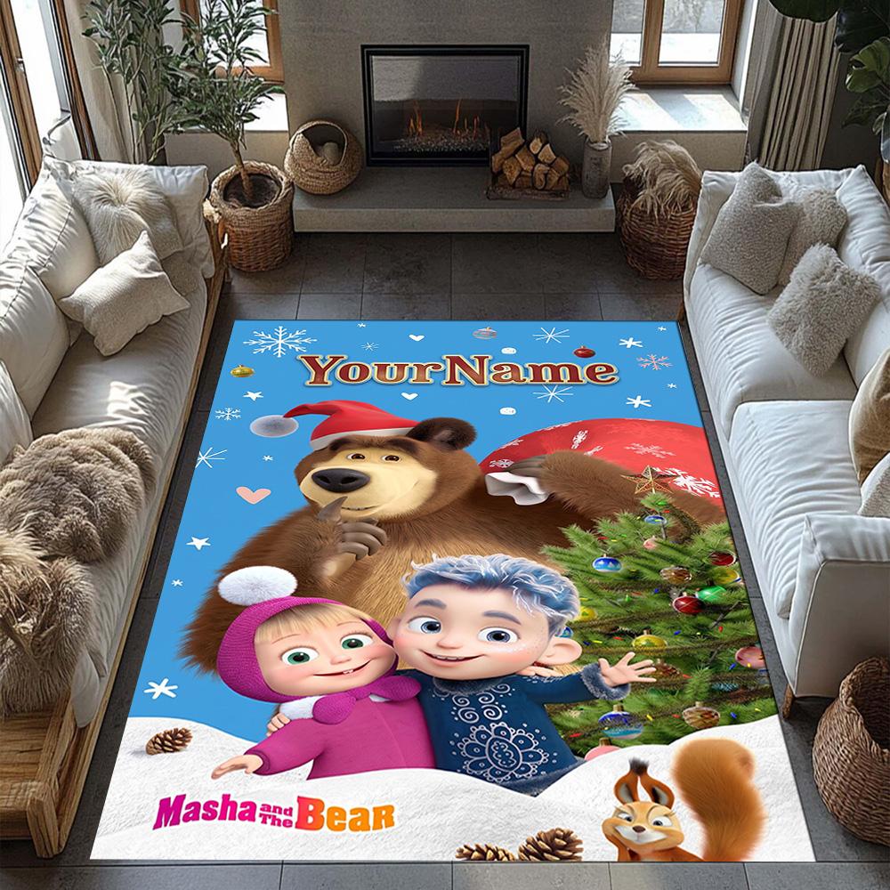 Masha Bear Customize Text Floor Mat Perfect for Dormitory Balcony Game Room Dining Room Anti-slip Rug Anime Office Decor
