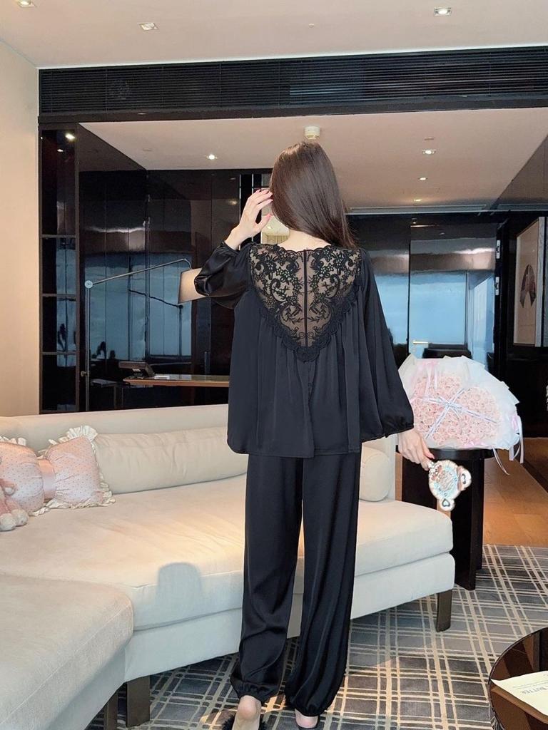 Spring Sweet Princess Lace Ice Silk Pajamas: Women's Loose Korean Court Style, Long Sleeve Pullover Top and Pants Set